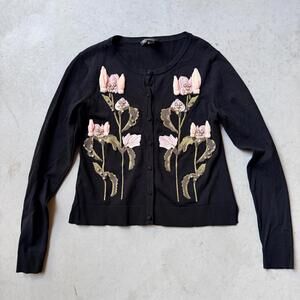 INC International Concepts Embroidered Pink Flower Black Cardigan Sweater